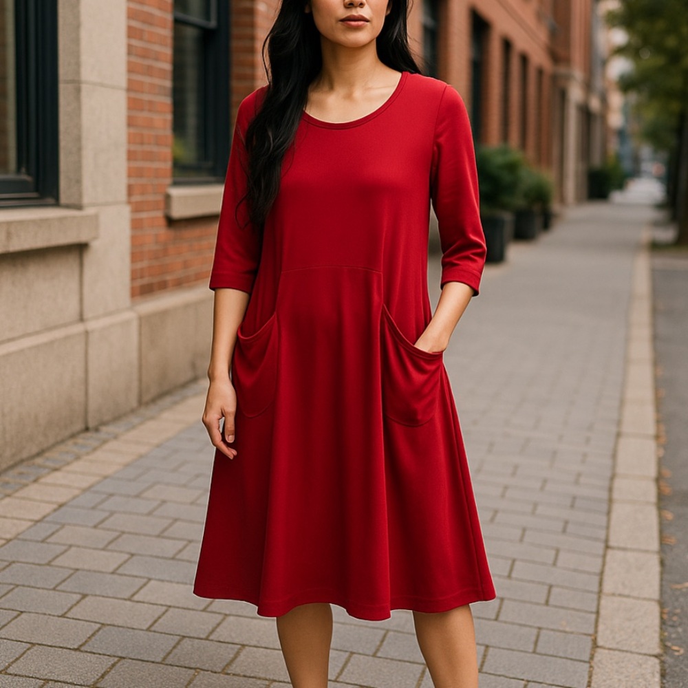 Sun Kim Red Stretchy Lagenlook long sleeve swing pocket dress size medium